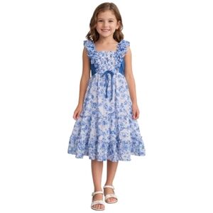 Jona MIchelle Girls Sundress  BLUE Flower Sleeveless Tiered Size 7 NWT